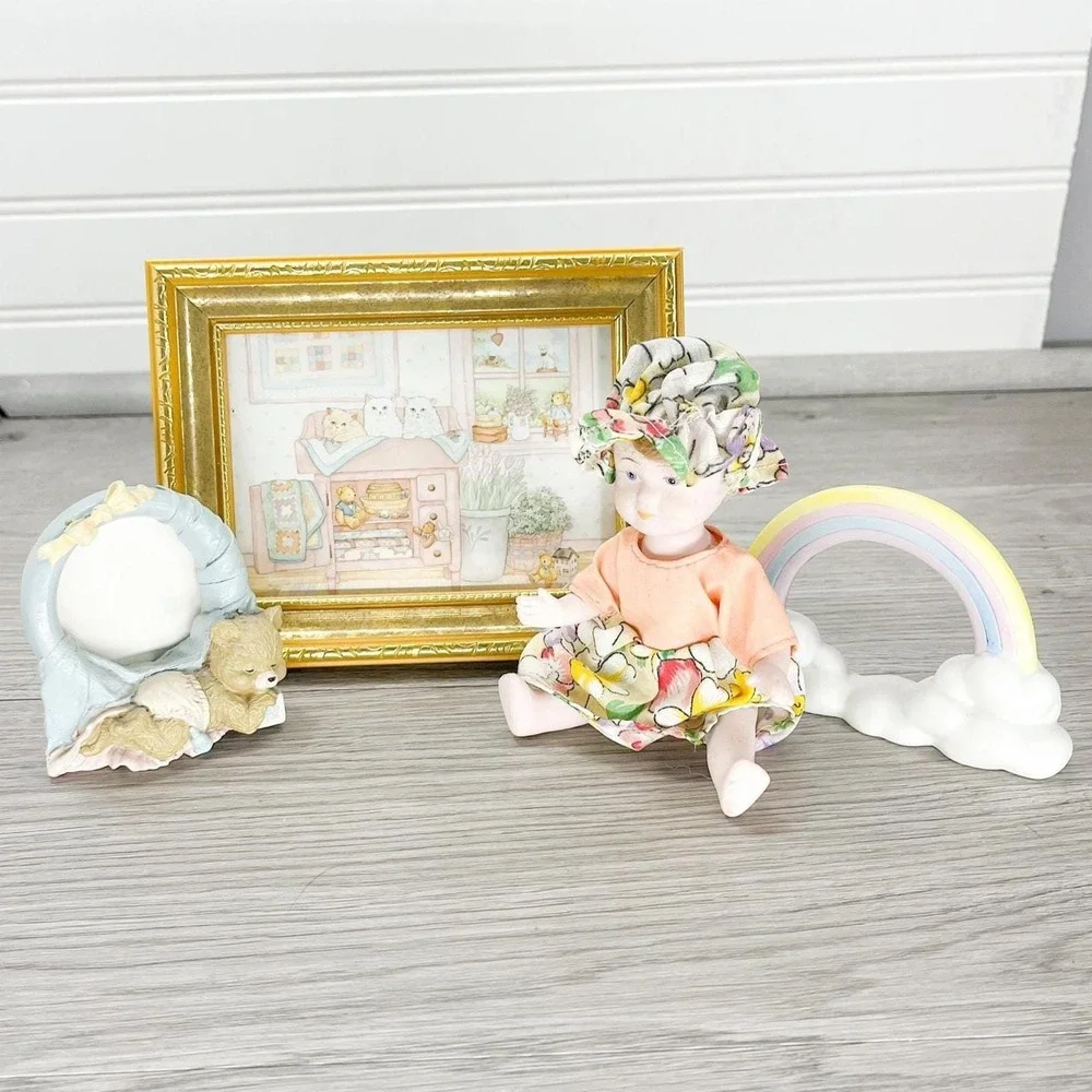 Vintage Nursery Decor Set: Ceramic Rainbow, Teddy Bear Frame, Cat Print